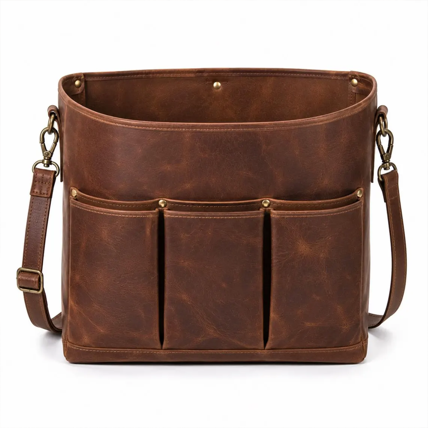 Rich Vintage Brown Open-Top Rectangular Tool Carryall With Triple Front Slip Slots, Swivel Clasp Shoulder Strip And Spacious Unobstructed Main Storage Cavity
