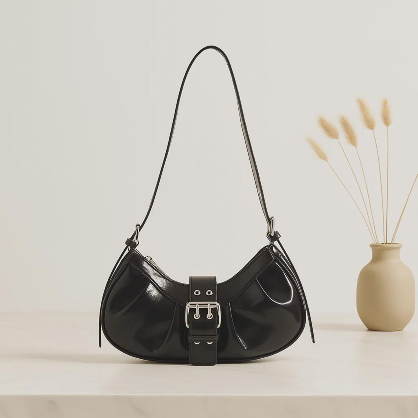 Metallic Silver & Glossy Black Curved Crescent Shoulder Pouch With Side Gathered Pleats, Dual-Bar Metal Buckle Tab And Slim Single Shoulder Strap Hardware
