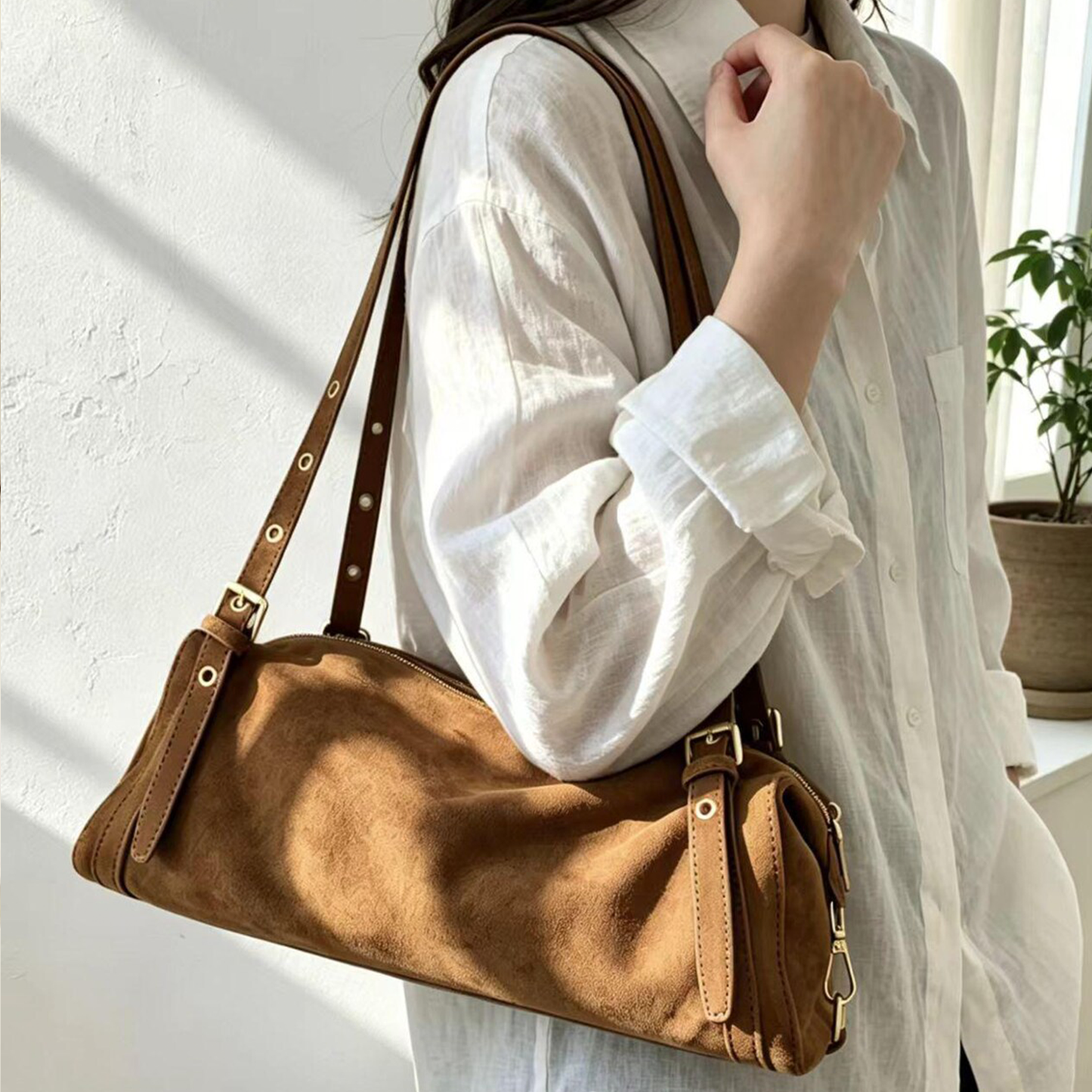 Warm Tan Brown Elongated Rectangular Shoulder Pouch With Full-Length Metallic Slide Seal, Eyelet Lined Carry Strips And Polished Gold Toned Buckle Hardware
