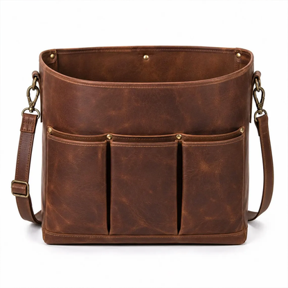 Rich Vintage Brown Open-Top Rectangular Tool Carryall With Triple Front Slip Slots, Swivel Clasp Shoulder Strip And Spacious Unobstructed Main Storage Cavity