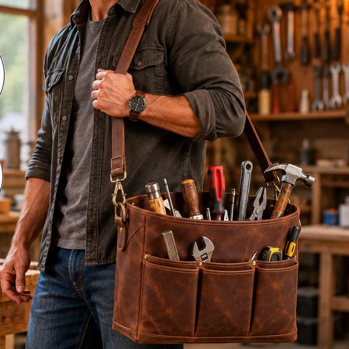 Rich Vintage Brown Open-Top Rectangular Tool Carryall With Triple Front Slip Slots, Swivel Clasp Shoulder Strip And Spacious Unobstructed Main Storage Cavity