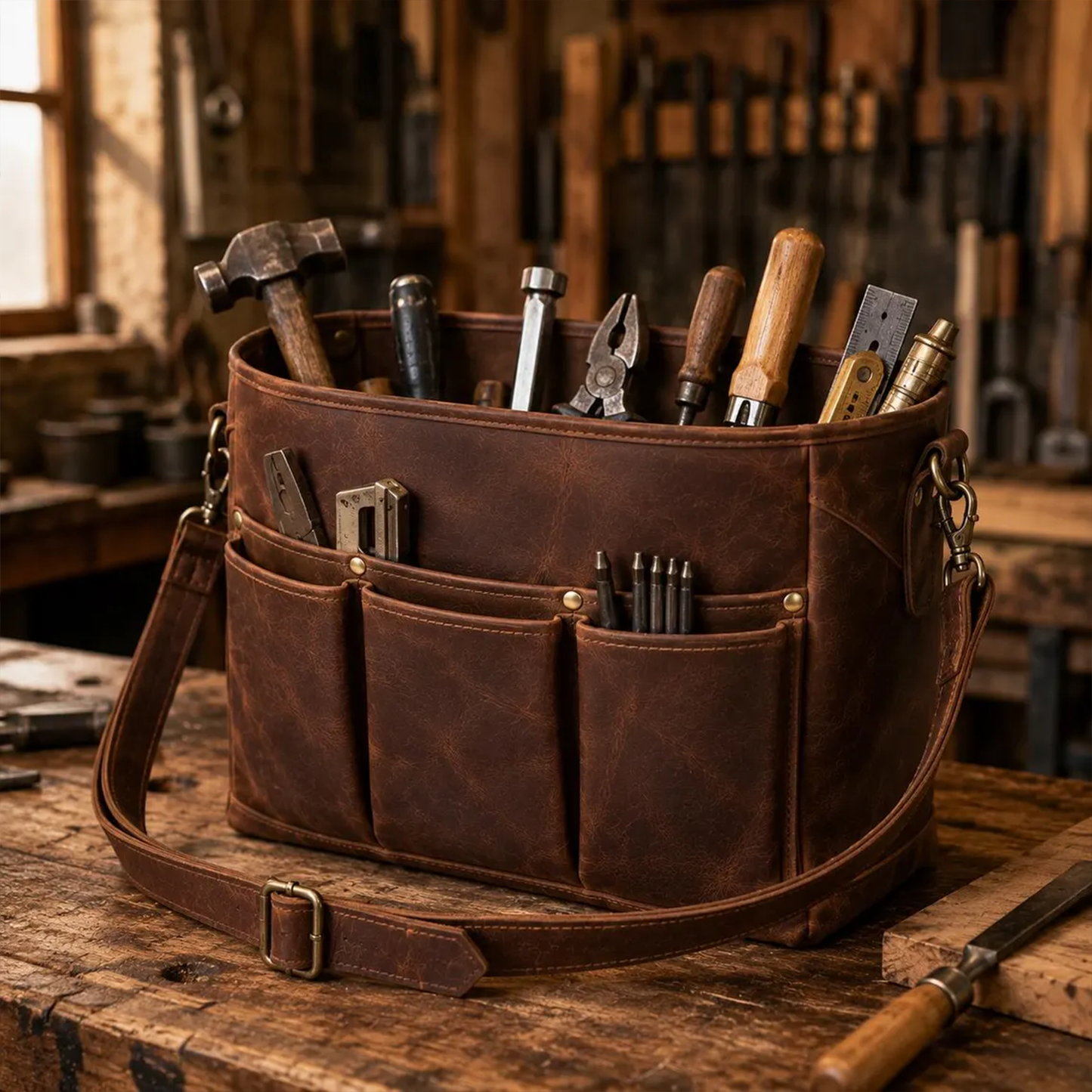 Rich Vintage Brown Open-Top Rectangular Tool Carryall With Triple Front Slip Slots, Swivel Clasp Shoulder Strip And Spacious Unobstructed Main Storage Cavity