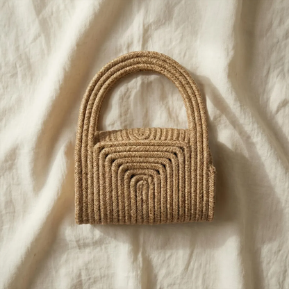 Natural Beige & Deep Black Layered Concentric Weave Mini Handbag With Integrated Arched Top Handle And Compact Enclosed Inner Storage Space