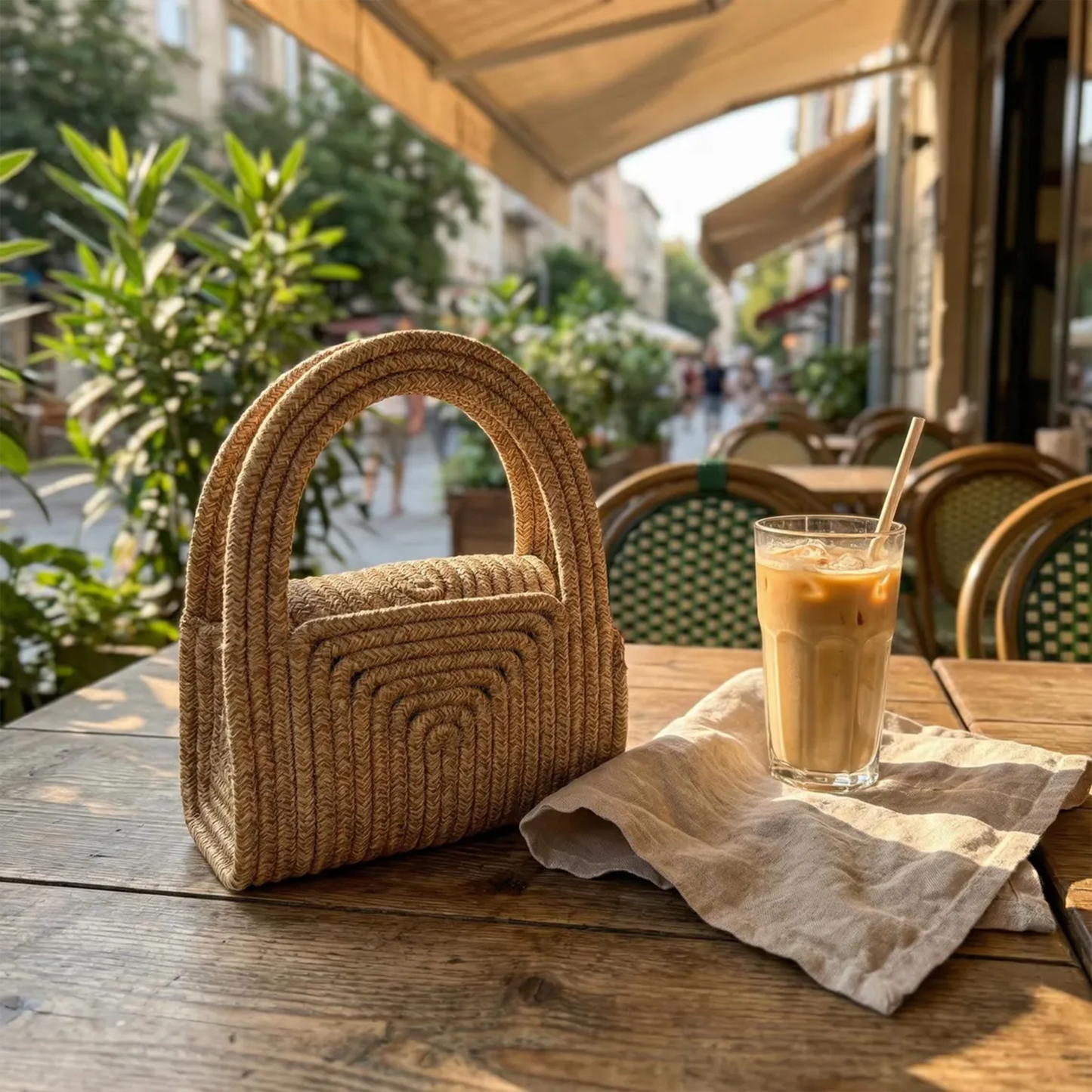 Natural Beige & Deep Black Layered Concentric Weave Mini Handbag With Integrated Arched Top Handle And Compact Enclosed Inner Storage Space