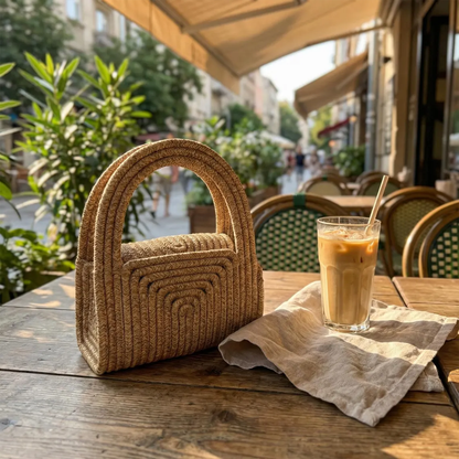 Natural Beige & Deep Black Layered Concentric Weave Mini Handbag With Integrated Arched Top Handle And Compact Enclosed Inner Storage Space
