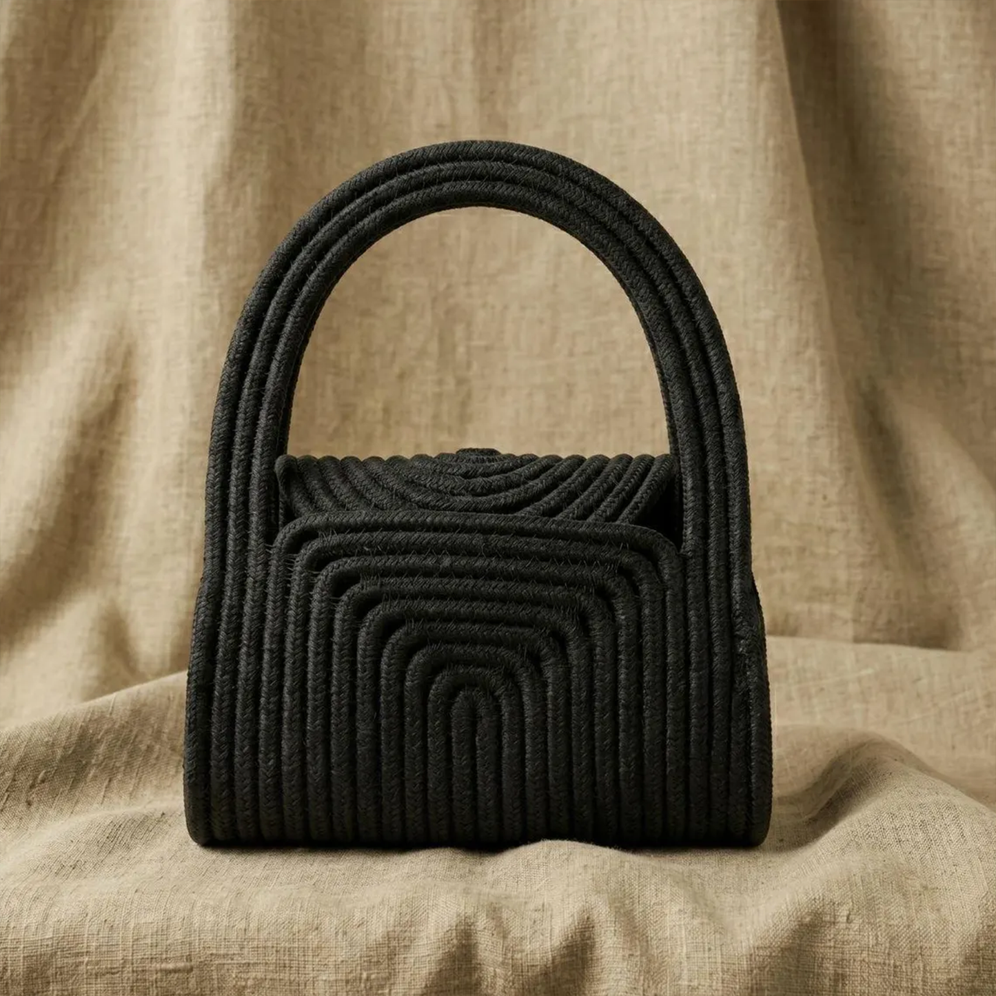 Natural Beige & Deep Black Layered Concentric Weave Mini Handbag With Integrated Arched Top Handle And Compact Enclosed Inner Storage Space