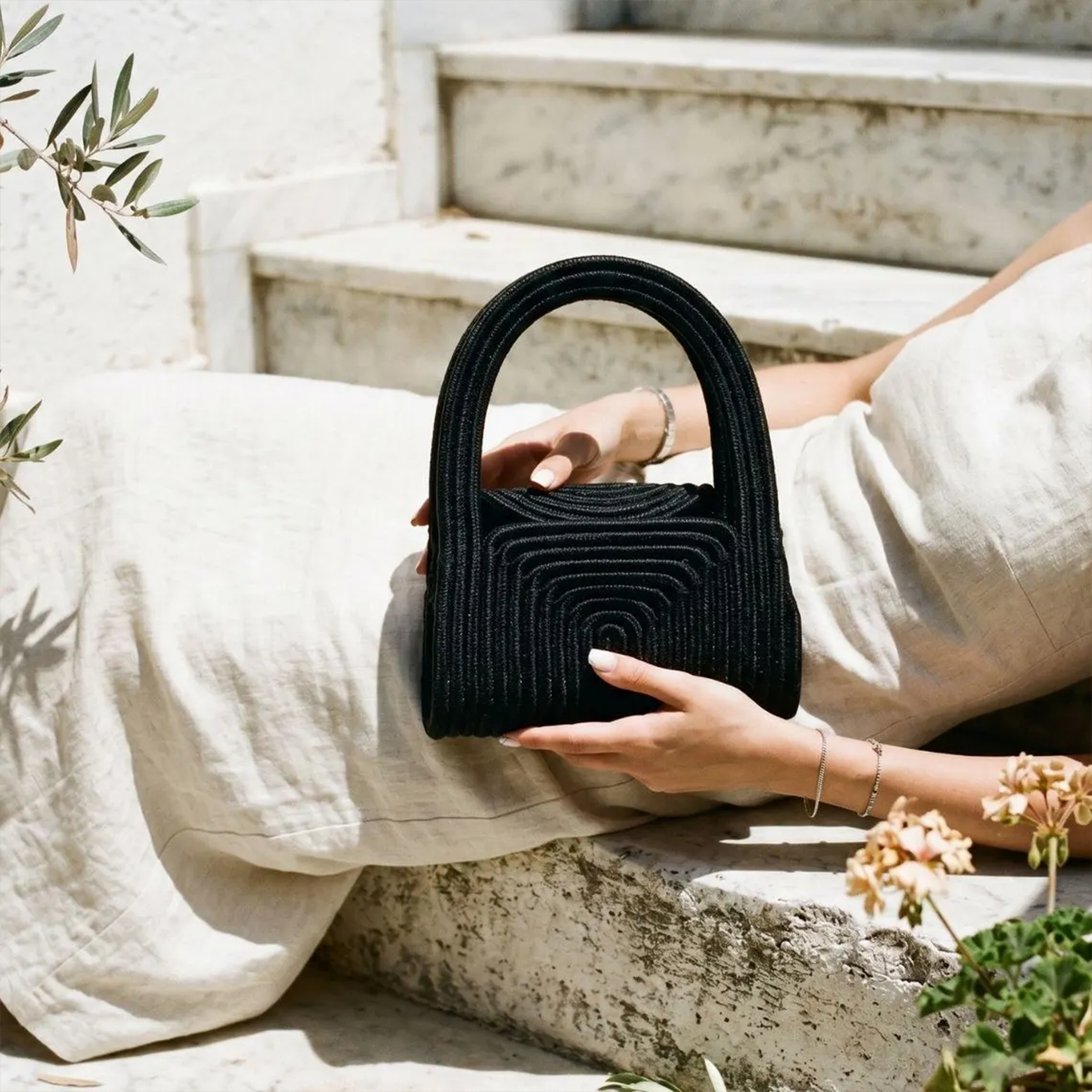 Natural Beige & Deep Black Layered Concentric Weave Mini Handbag With Integrated Arched Top Handle And Compact Enclosed Inner Storage Space