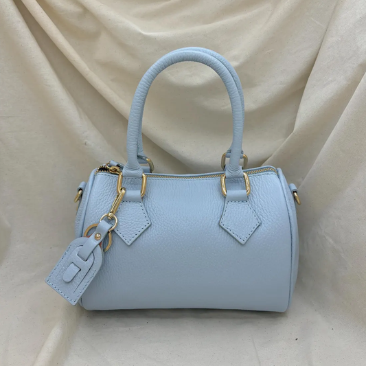 Multi Pastel Tone Petite Cylindrical Barrel Handbag With Polished Gold Hardware, Diamond Stitched Handle Tabs And Detachable Matching Decorative Hang Tag