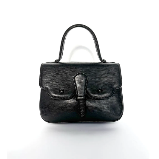 Jet Black Vintage Accordion Layer Mini Handheld Bag With Scalloped Stud Flap, Central Tab Fastener And Single Curved Top Carry Grip