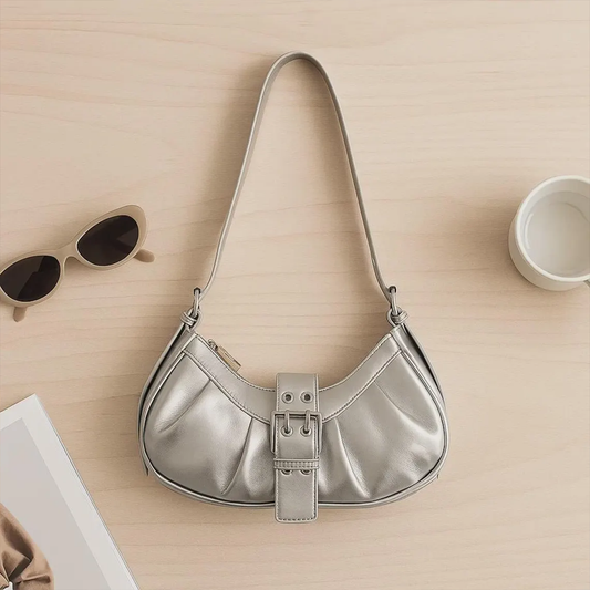 Metallic Silver & Glossy Black Curved Crescent Shoulder Pouch With Side Gathered Pleats, Dual-Bar Metal Buckle Tab And Slim Single Shoulder Strap Hardware