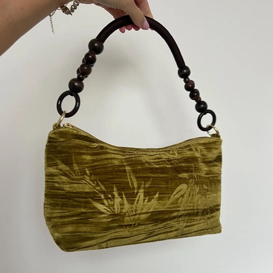 Muted Olive Green Slender Rectangular Shoulder Pouch With Delicate Bamboo Foliage Print, Beaded Wooden Carry Frame And Smooth Slide Top Closure