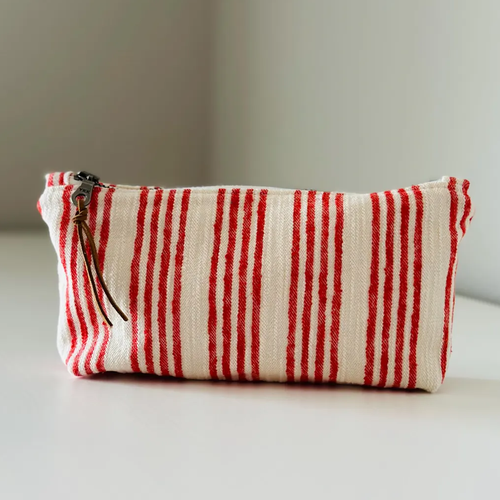 Off-White Scarlet Vertical Striped Slim Rectangular Zip Pouch With Knotted Leather Zipper Pull Tab, Soft Flexible Frame And Single Spacious Inner Storage Compartment