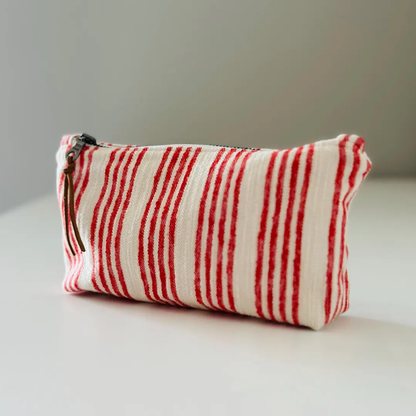 Off-White Scarlet Vertical Striped Slim Rectangular Zip Pouch With Knotted Leather Zipper Pull Tab, Soft Flexible Frame And Single Spacious Inner Storage Compartment