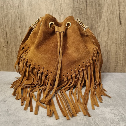 Warm Caramel Tan Slouchy Fringe Trim Bucket Pouch With Drawstring Eyelet Closure, Polished Side Clasps And Single Lengthy Hanging Strap
