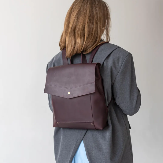 Deep Plum Brown Structured Square Backpack With V-Cut Flap Stud Closure, Rear Horizontal Zip Pocket And Wide Slider-Equipped Shoulder Straps