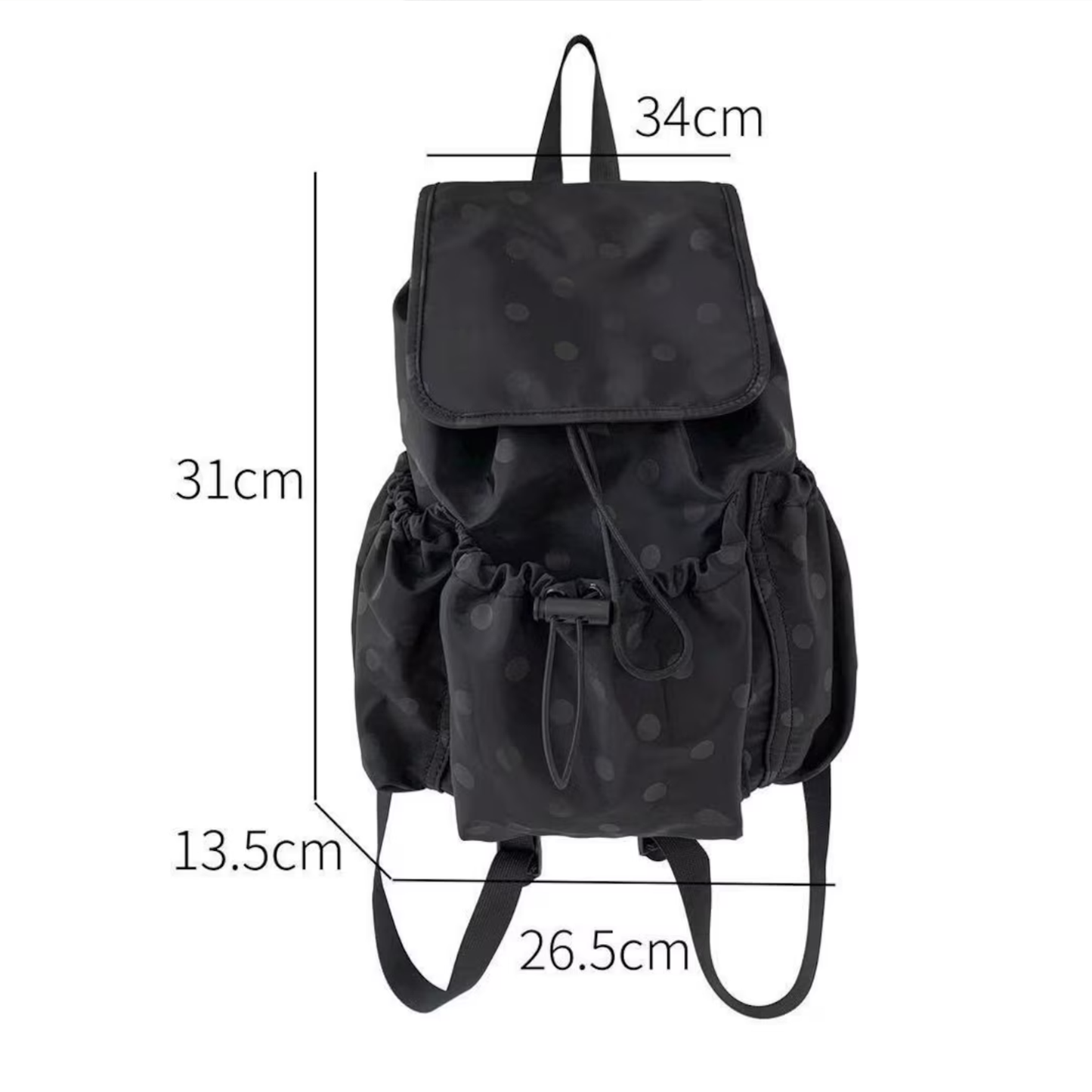 Solid Black Subtle Dot Pattern Slouchy Drawstring Rucksack With Square Overlay Flap, Ruched Side Storage Panels And Compact Fabric Top Carry Loop