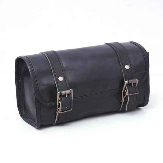 Jet Black Cylindrical Gear Storage Pouch With Dual Antique Metal Buckle Straps, Rear Mounting Tabs And Fabric Lined Spacious Inner Cavity