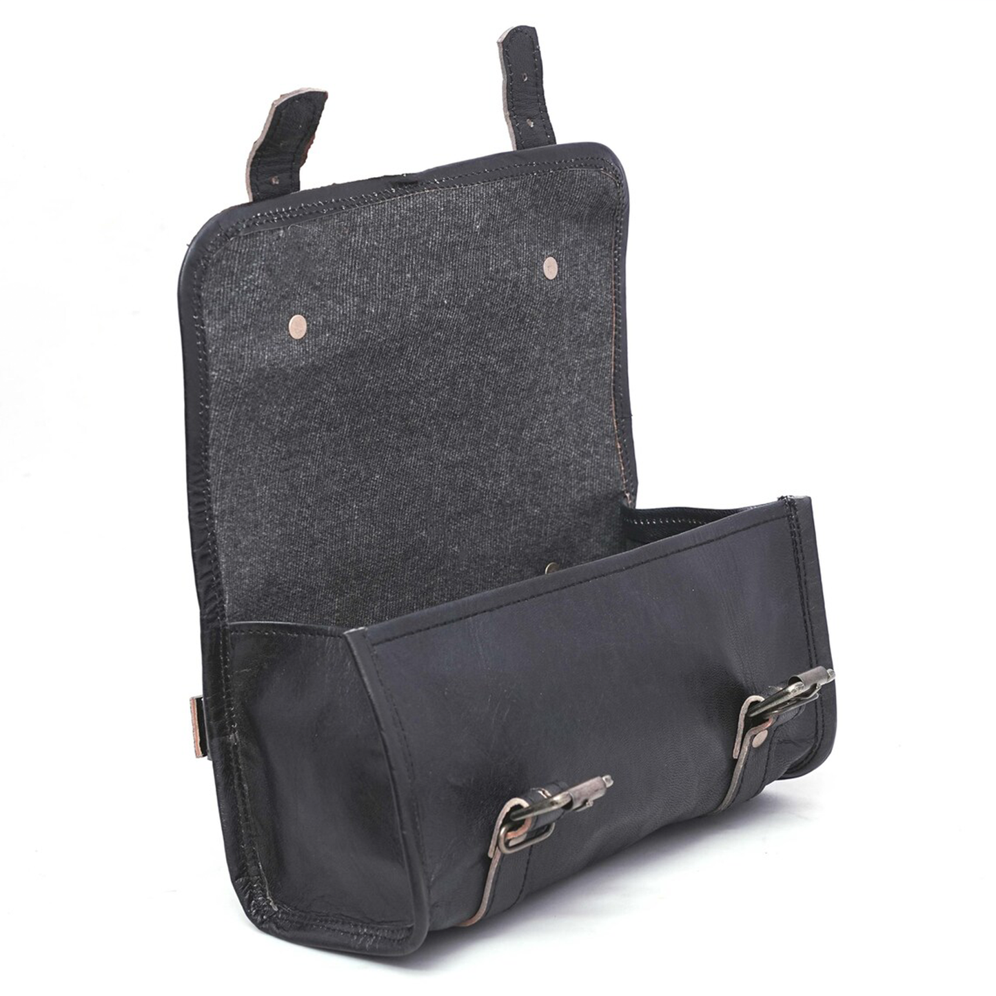 Jet Black Cylindrical Gear Storage Pouch With Dual Antique Metal Buckle Straps, Rear Mounting Tabs And Fabric Lined Spacious Inner Cavity