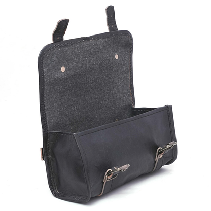 Jet Black Cylindrical Gear Storage Pouch With Dual Antique Metal Buckle Straps, Rear Mounting Tabs And Fabric Lined Spacious Inner Cavity