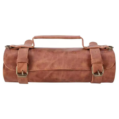 Warm Vintage Tan Rolled Cylindrical Tool Storage Case With Dual Antique Buckle Straps, Integrated Top Carry Strip And Multi-Slot Inner Implement Compartments